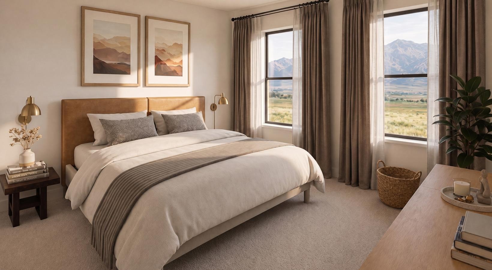 a bedroom with a large window
