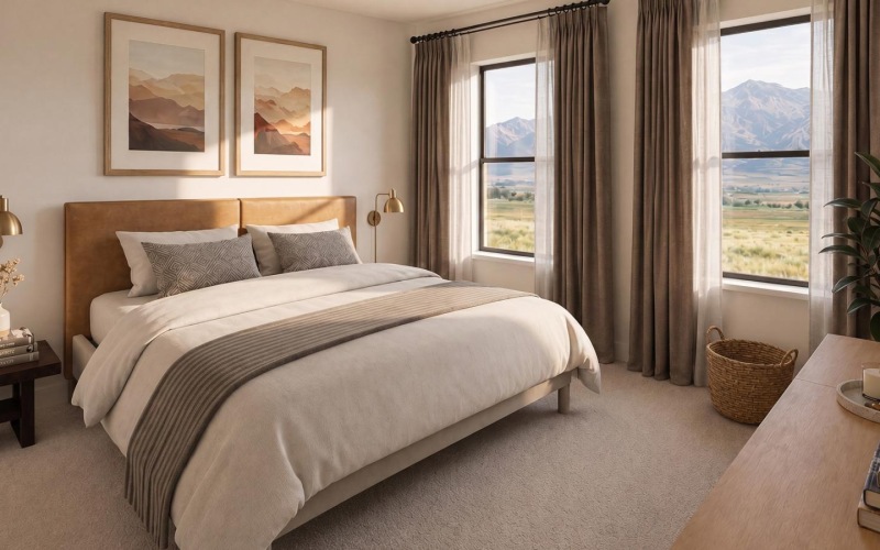 a bedroom with a large window