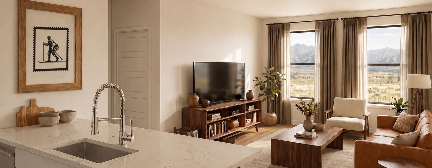 living and kitchen area on wooden style flooring