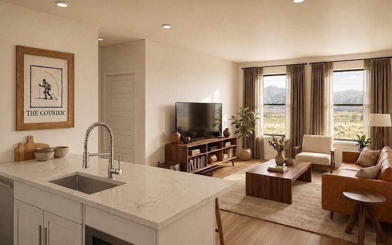 a kitchen and living room