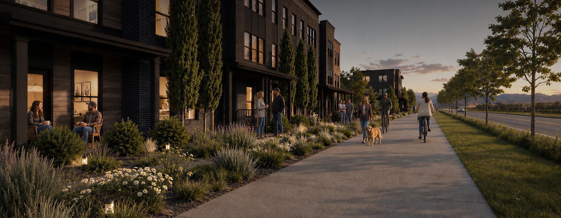 a group of people walking on a path between buildings