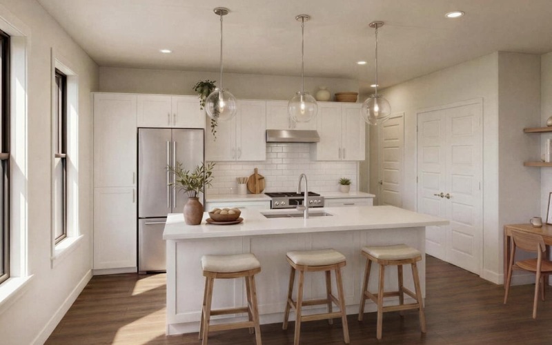 a kitchen with an island