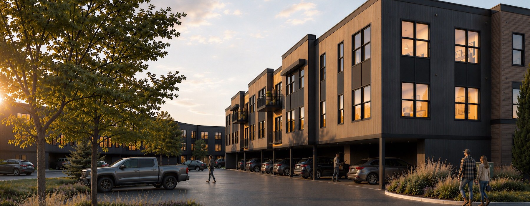 a parking lot and tree next to a building at dusk